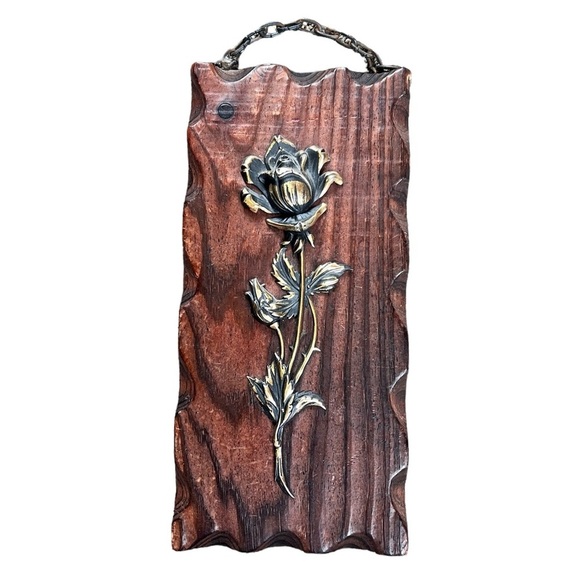 Vintage Other - Vintage Wooden Plaque Antique Brass Rose Wall Hanging Retro Boho